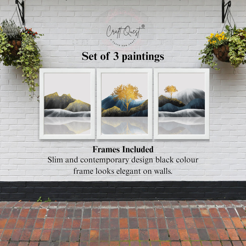 CRAFT QUEST Modern Abstract Golden Trees & Mountains | Set of 3 Frames for Home Decoration | Ideal for Living Room, Bedroom & Offices