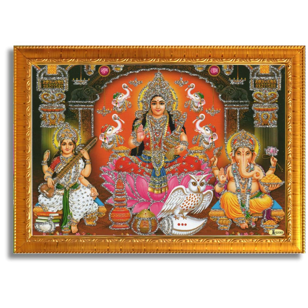 CRAFT QUEST Lakshmi Devi with ganesh ji and saraswati maa Wall Painting Frame Home Decor (Synthetic, Sparkle Finish, Golden, Small Size, 8 X 6 Inch)