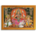 CRAFT QUEST Lakshmi Devi with ganesh ji and saraswati maa Wall Painting Frame Home Decor (Synthetic, Sparkle Finish, Golden, Small Size, 8 X 6 Inch)
