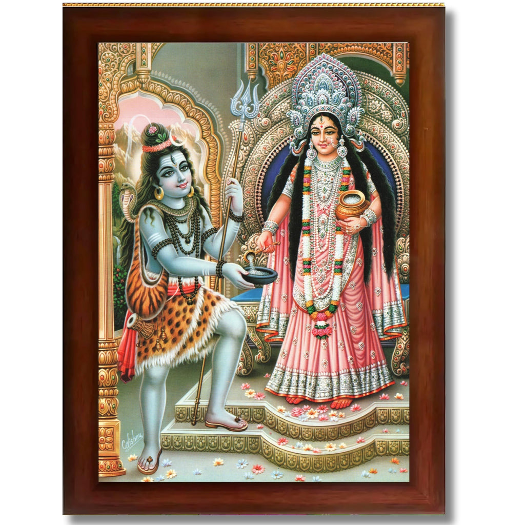 CRAFT QUEST Shiva & Maa Annapurna devi sitting on throne photo frame with Laminated Poster for Kitchen Worship