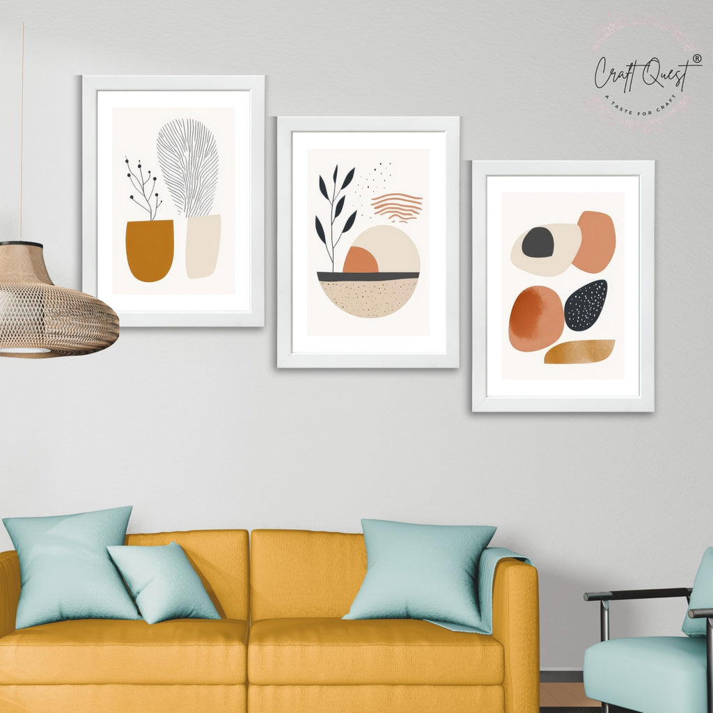 CRAFT QUEST Contemporary Organic Abstract Wall Art | Set of 3 Frames for Home Decoration | Ideal for Living Room, Bedroom & Offices