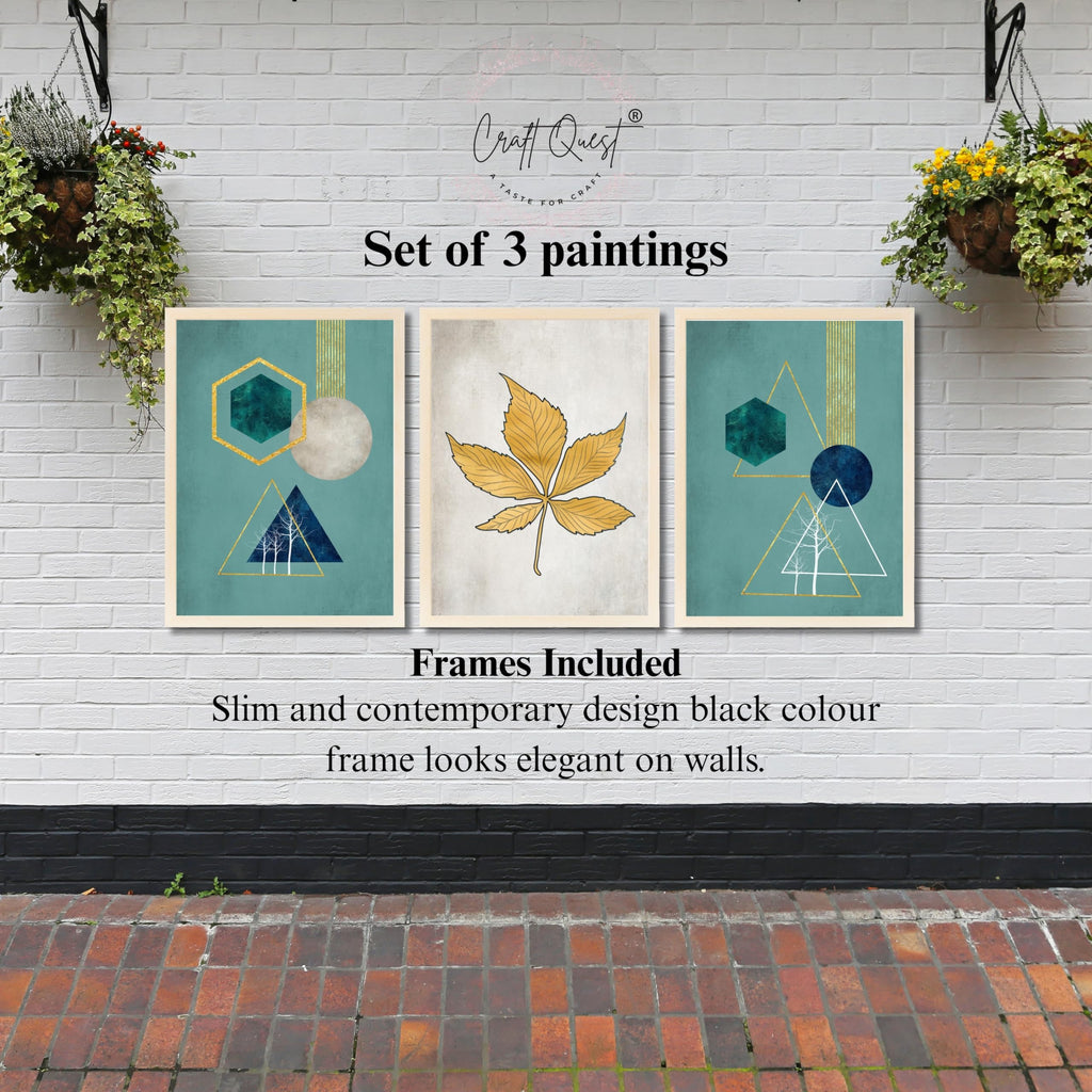 CRAFT QUEST Modern Art Shapes & Leaf Abstract | Set of 3 Frames for Home Decoration | Ideal for Living Room, Bedroom & Offices