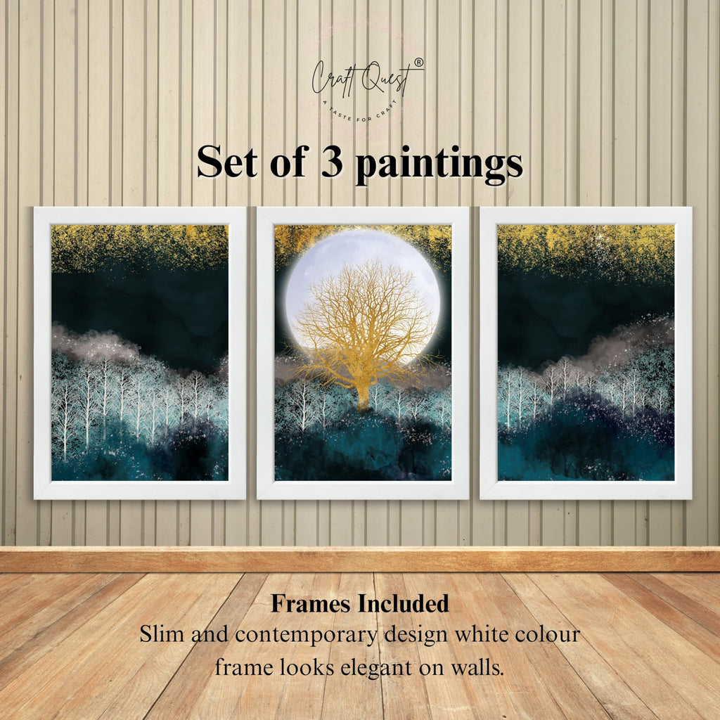 CRAFT QUEST Modern Art Christmas Trees & Mountains Landscape Wall Art | Set of 3 Frames for Home Decoration | Ideal for Living Room, Bedroom & Offices