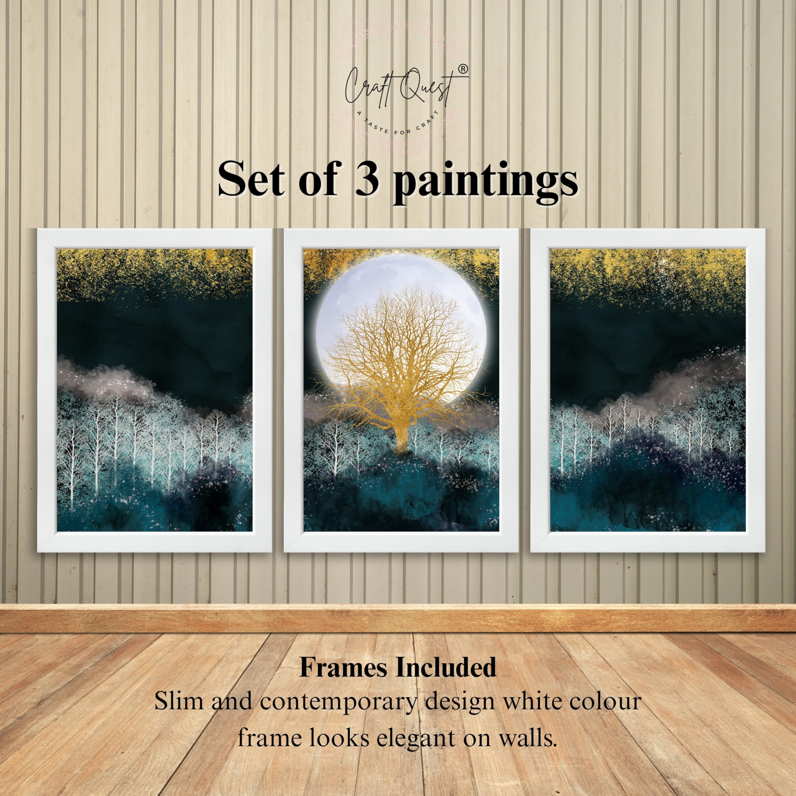 CRAFT QUEST Modern Art Christmas Trees & Mountains Landscape Wall Art | Set of 3 Frames for Home Decoration | Ideal for Living Room, Bedroom & Offices