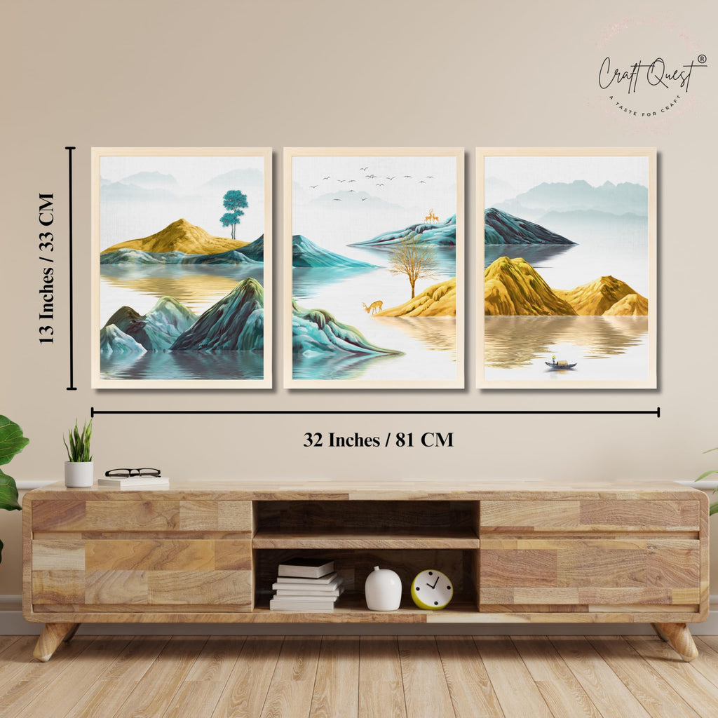 CRAFT QUEST Modern Art Abstract Geometric Gold Lines Wall Art | Set of 3 Frames for Home Decoration | Ideal for Living Room, Bedroom & Offices