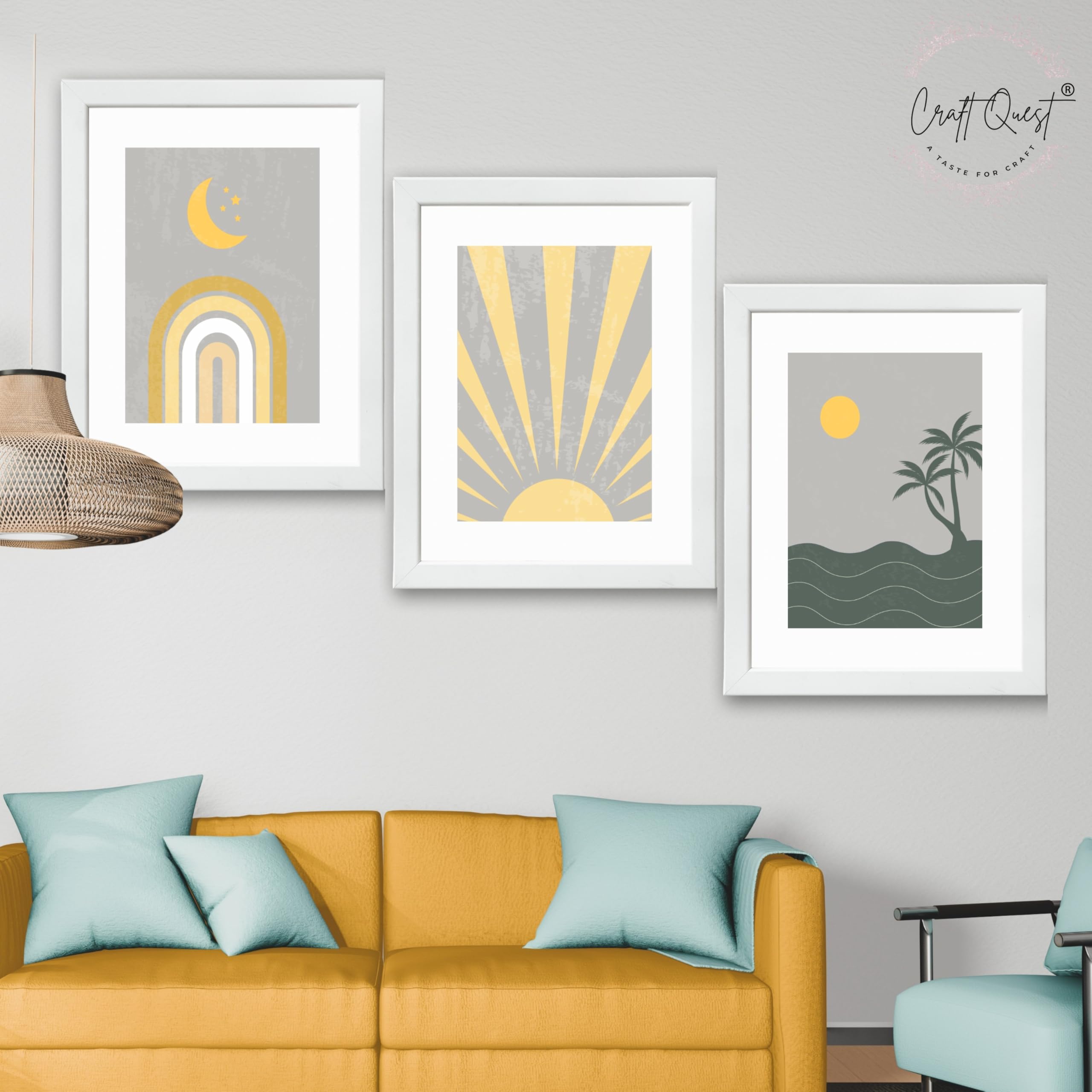 CRAFT QUEST Wall Art Decor Paintings | Set of 3 BOHO Wall Art Frames for Home Decoration | Ideal for Living Room, Bedroom & Offices
