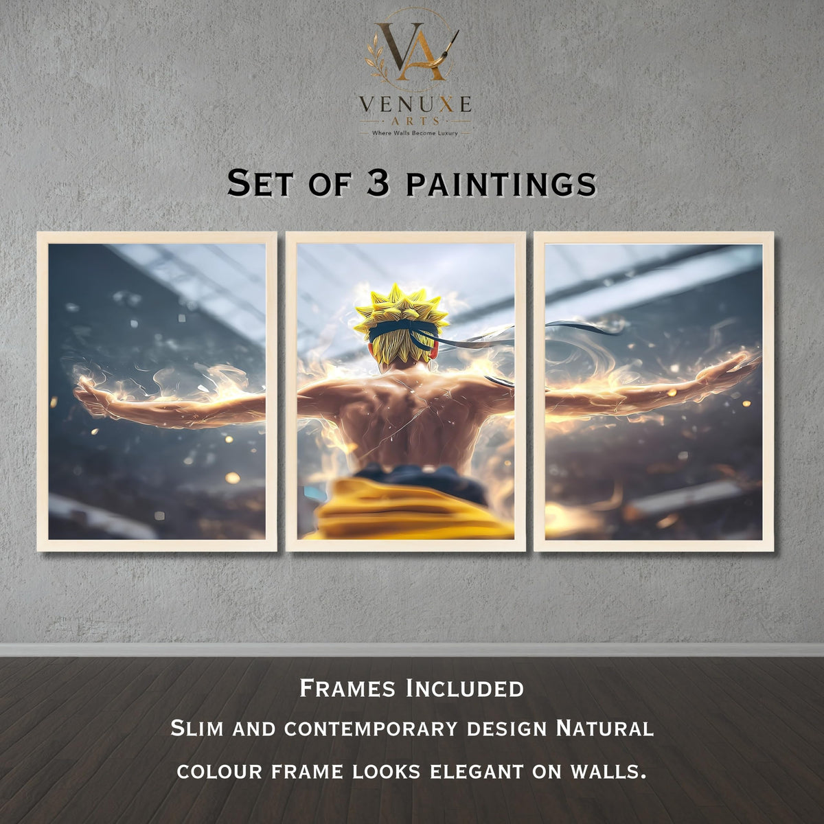 VENUXE ARTS Set Of 3 Anime Characters Wall Framed |Anime Characters Framed Poster for Living Room Bedroom Gaming Room Studio Wall Decor