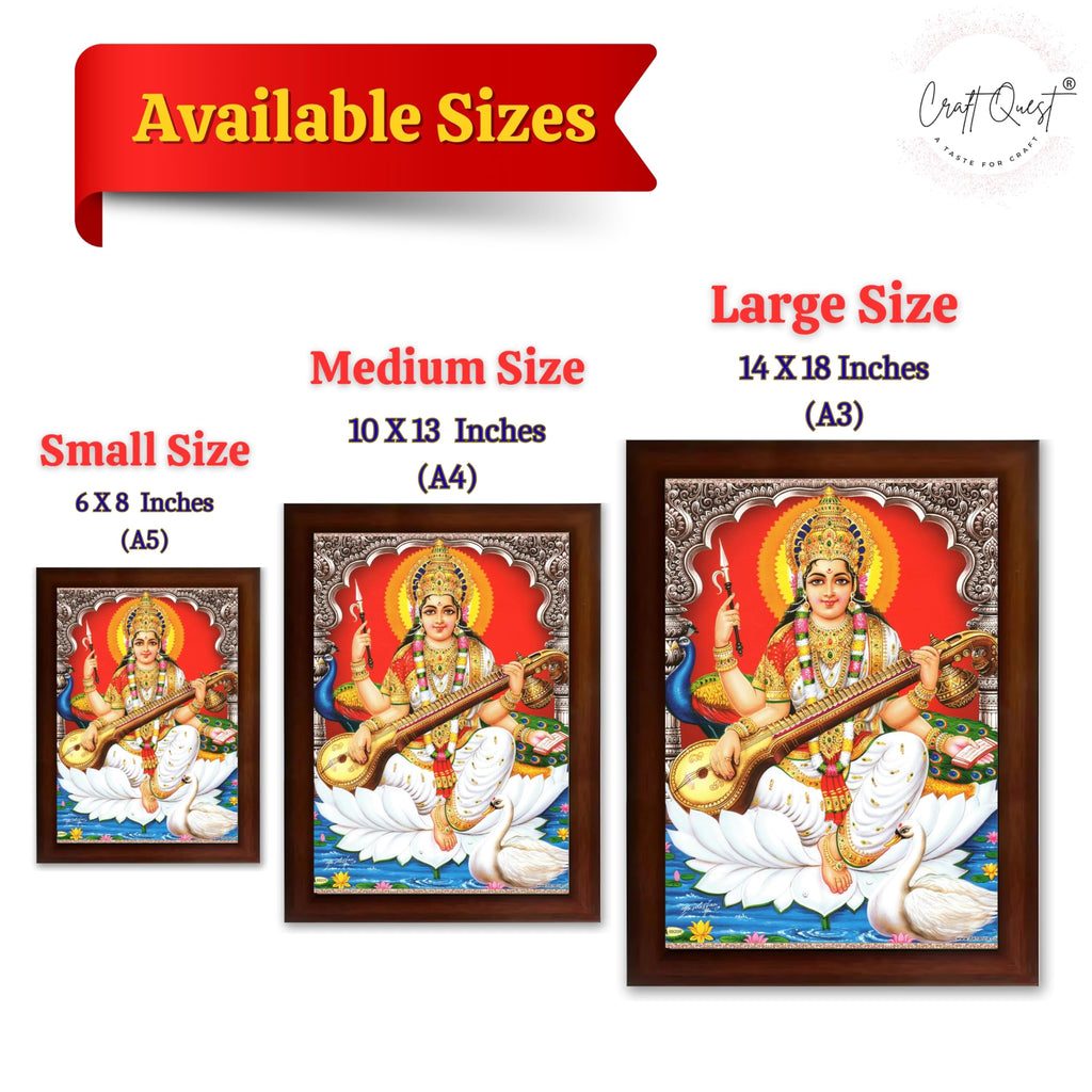 CRAFT QUEST Saraswati Devi Goddess Saraswathi Maa Wall Painting Sparkle Coated Framed Home Décor Synthetic wooden Frame