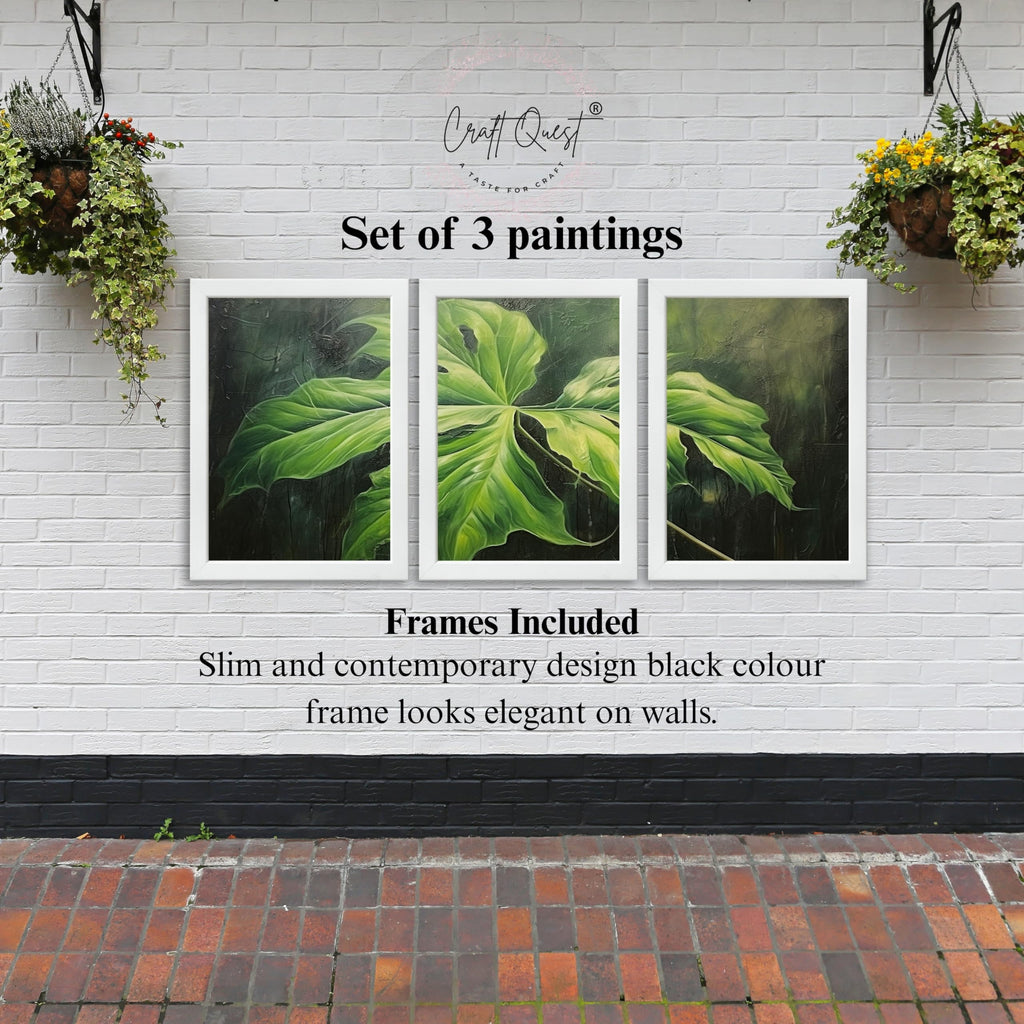 CRAFT QUEST Nature Inspired Painting Of Plant With Green Leaves Wall Art | Set of 3 Frames for Home Decoration | Ideal for Living Room, Bedroom & Offices