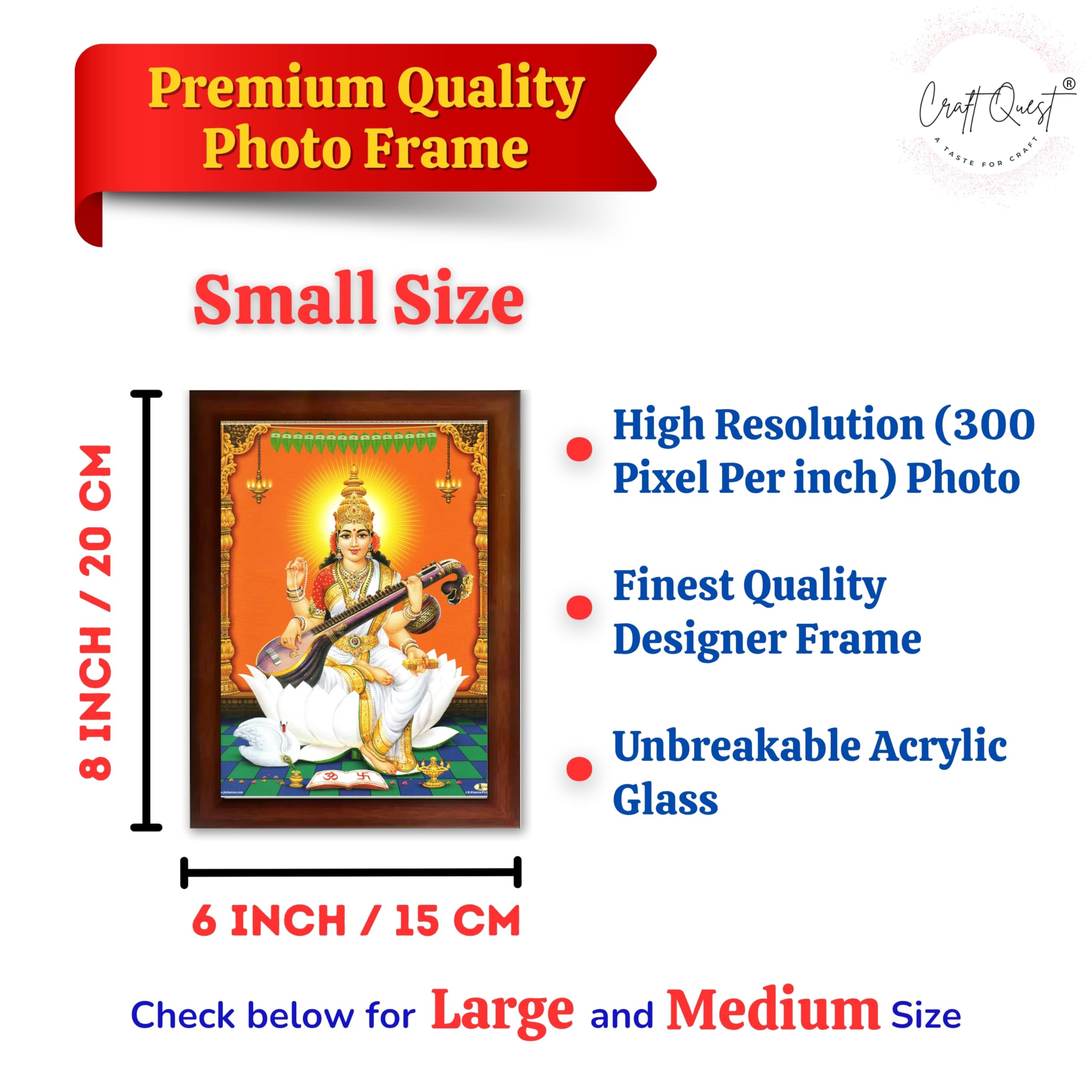 CRAFT QUEST Saraswati Devi Goddess Saraswathi Maa Wall Painting For Home Décor Synthetic wood Framed