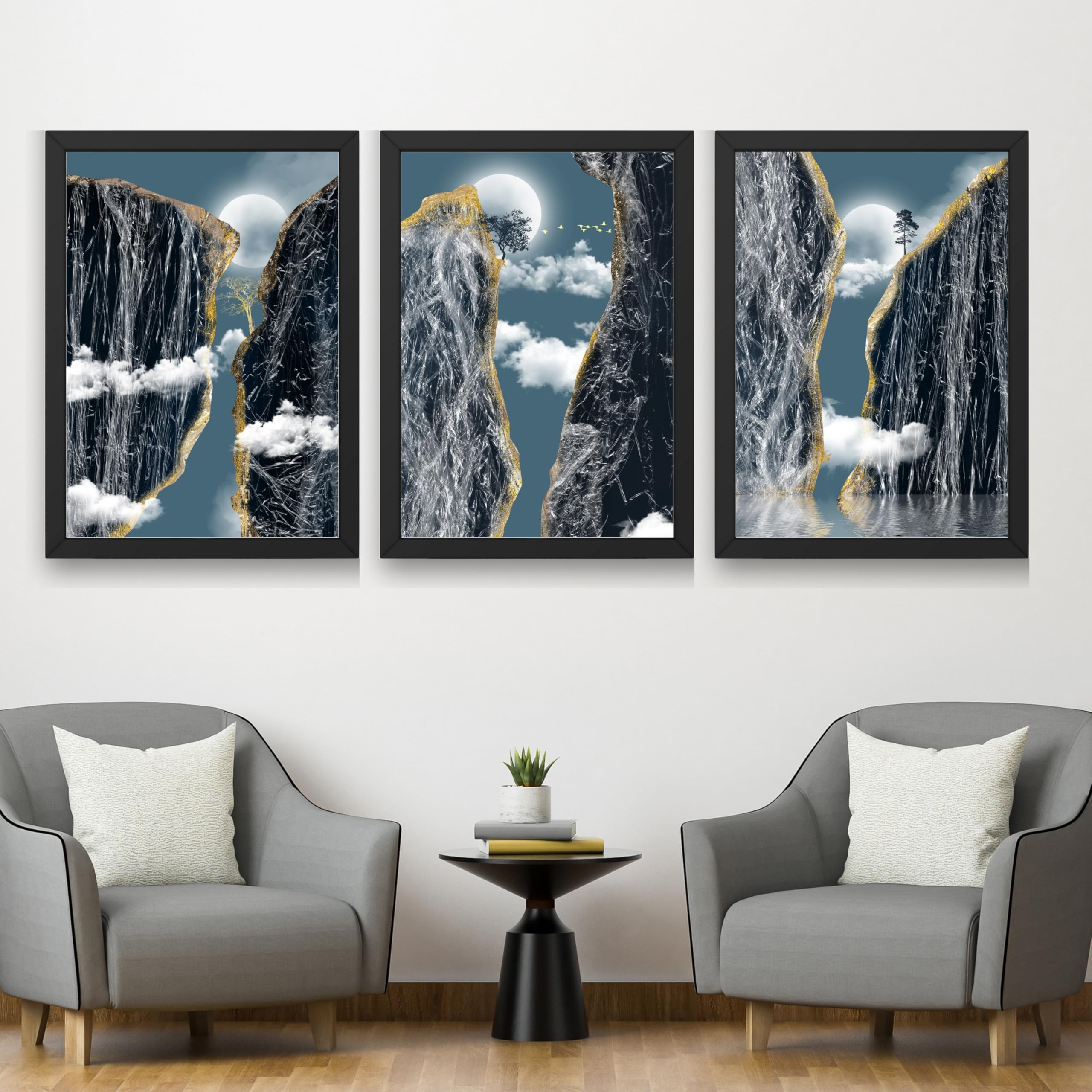 CRAFT QUEST Modern Art Abstract Landscape Decorative Wall Art | Set of 3 Frames for Home Decoration | Ideal for Living Room, Bedroom & Offices