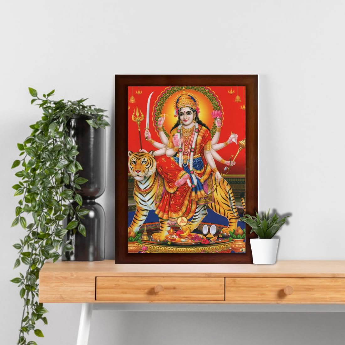 Craft Quest maa Durga photo with brown frame | God Religious Framed Painting (Large Size 14 X 10 Inches. Multicolour)