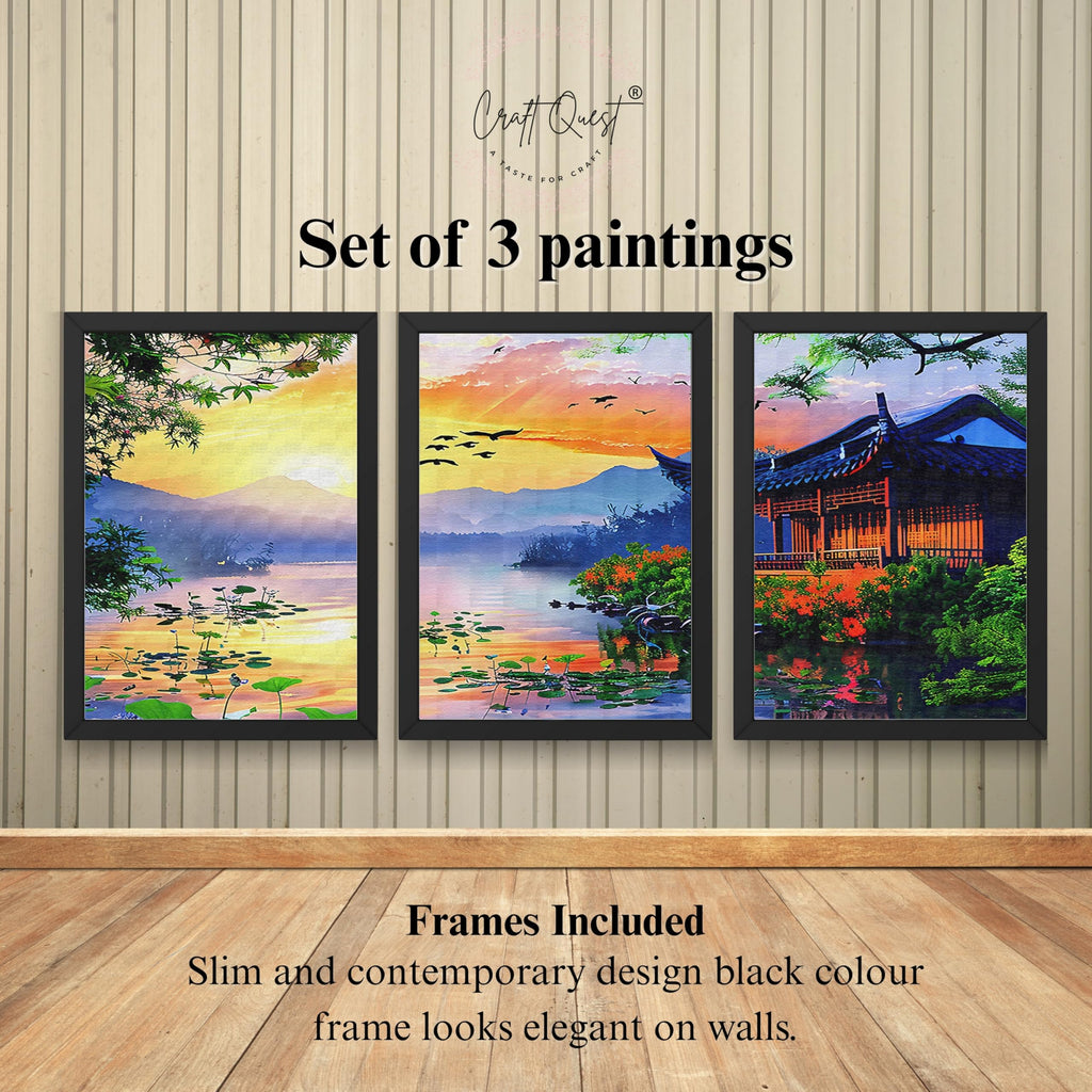 CRAFT QUEST Modern Art Of Sunset Wall Art | Set of 3 Frames for Home Decoration | Ideal for Living Room, Bedroom & Offices