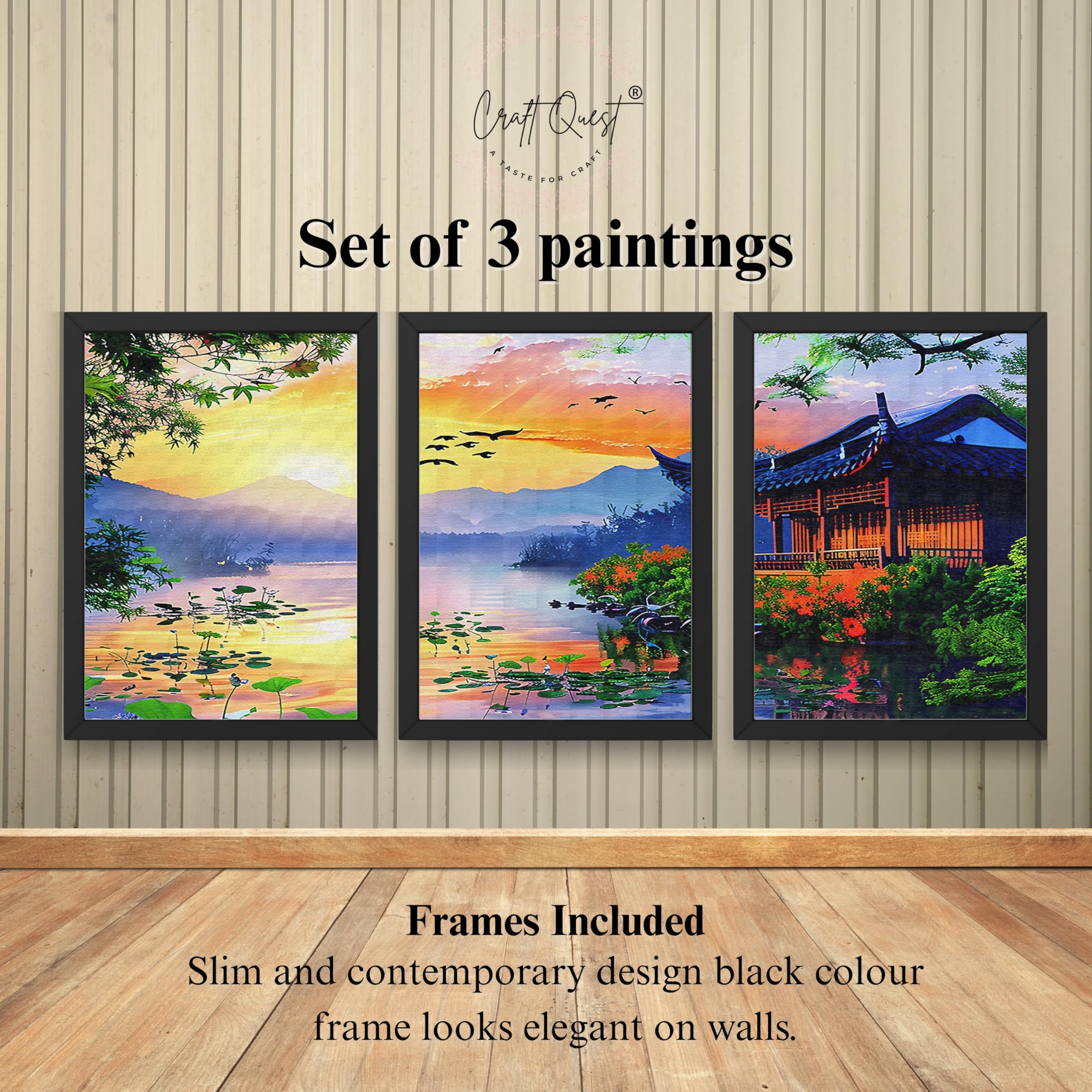 CRAFT QUEST Modern Art Of Sunset Wall Art | Set of 3 Frames for Home Decoration | Ideal for Living Room, Bedroom & Offices