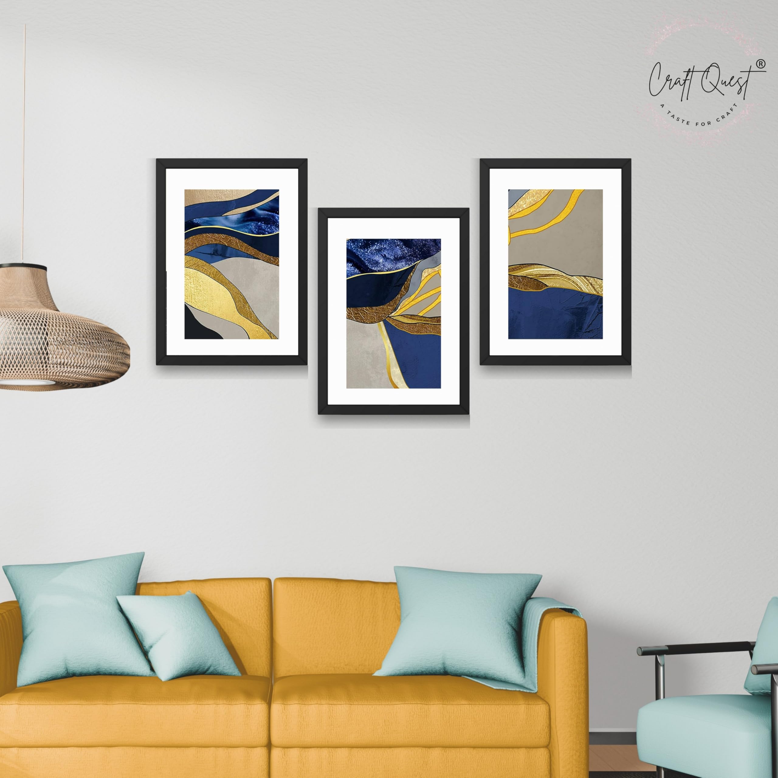 CRAFT QUEST Abstract Blue & Gold Artwork | Set of 3 Frames for Home Decoration | Ideal for Living Room, Bedroom & Offices