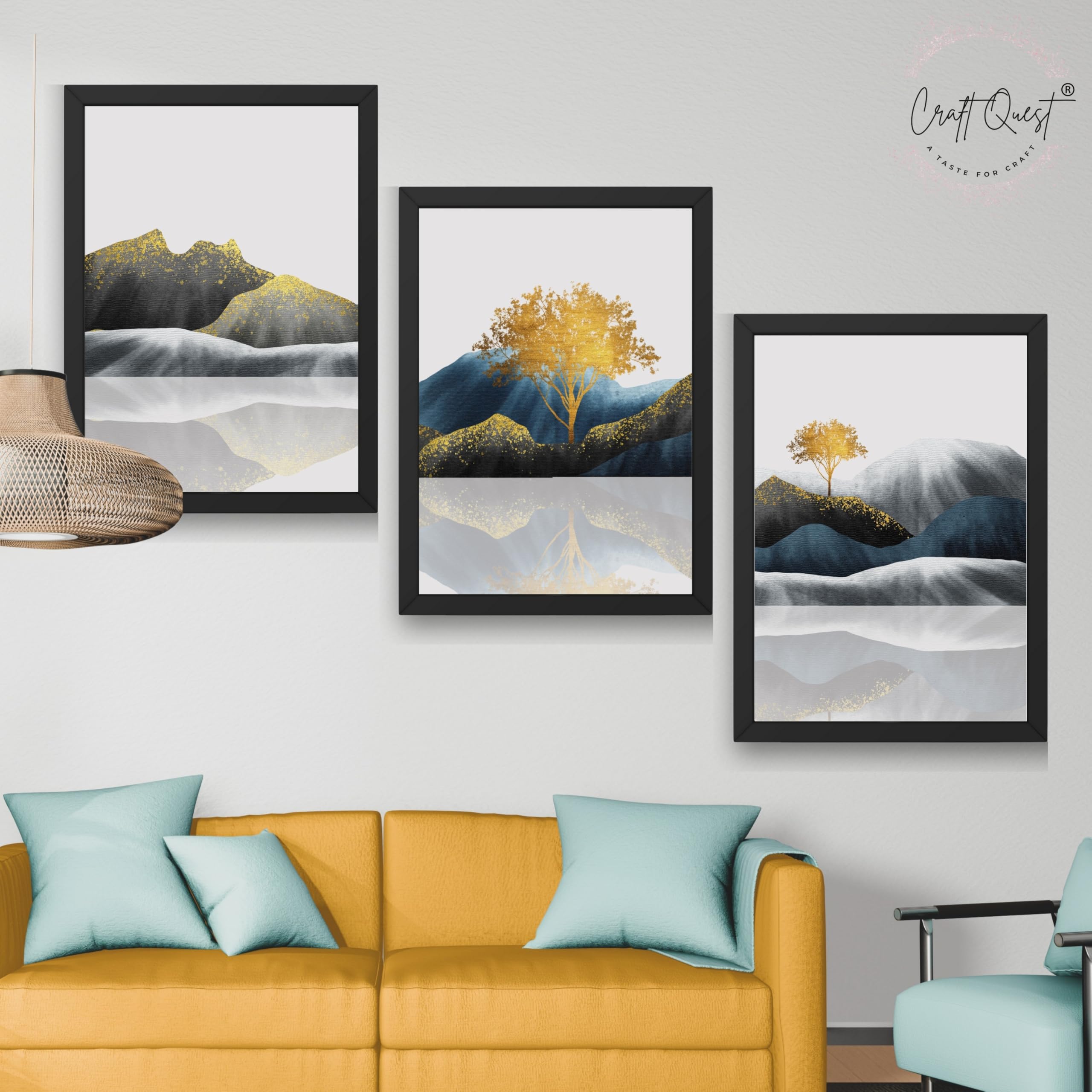 CRAFT QUEST Modern Abstract Golden Trees & Mountains | Set of 3 Frames for Home Decoration | Ideal for Living Room, Bedroom & Offices