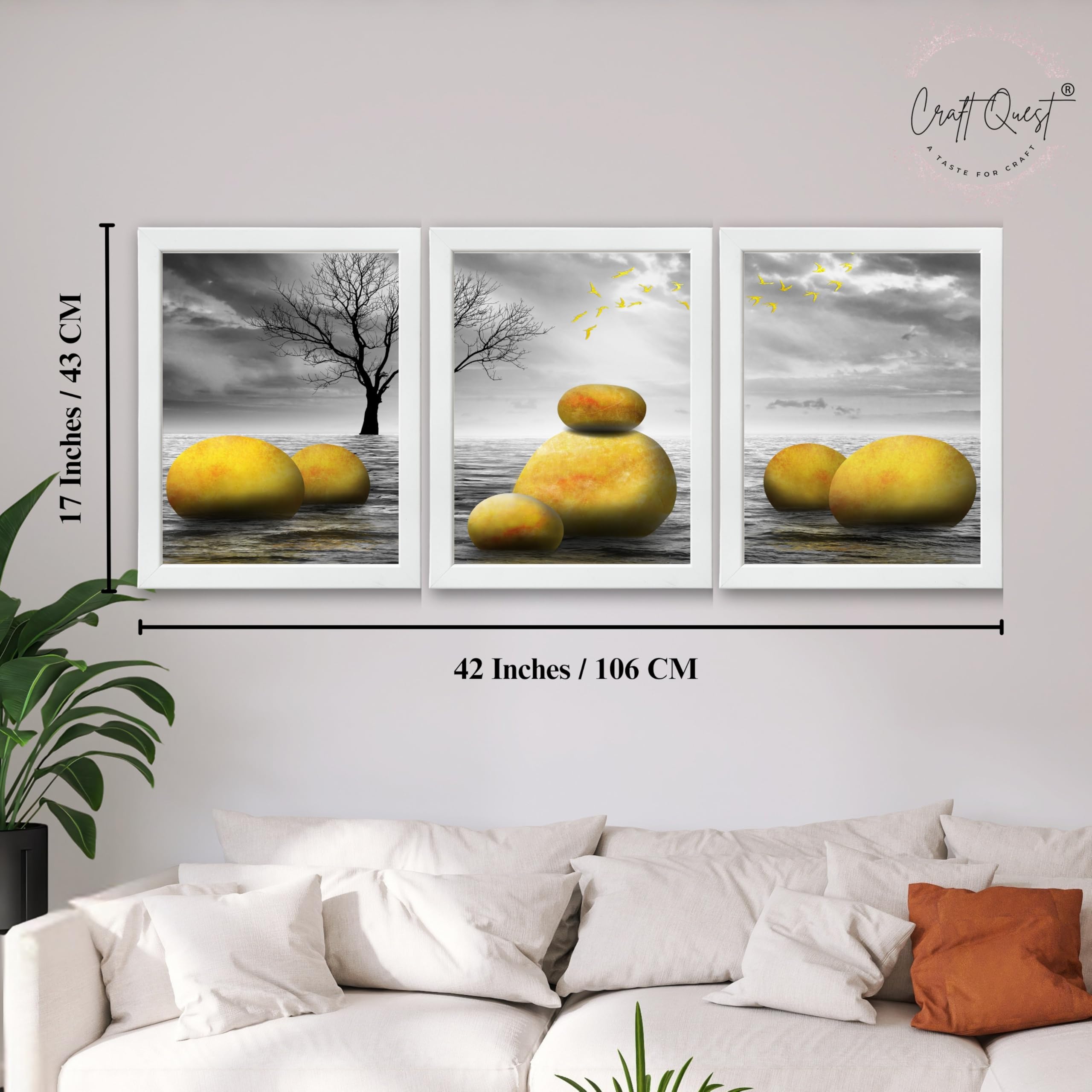 CRAFT QUEST Modern Abstract Golden Stone Art | Set of 3 Frames for Home Decoration | Ideal for Living Room, Bedroom & Offices