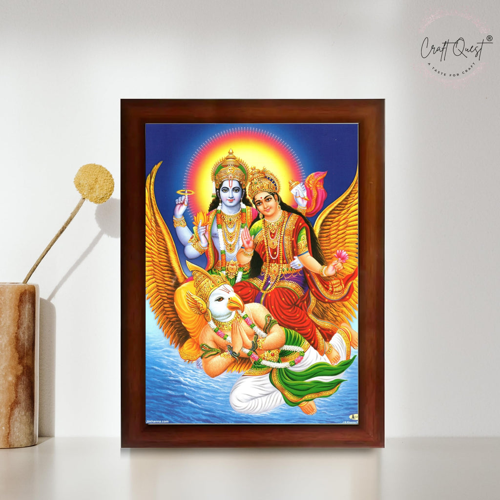 CRAFT QUEST Lord Vishnu and Goddess Lakshmi Giving Blessing on Garud Jii, Glitter Work Painting wooden framed