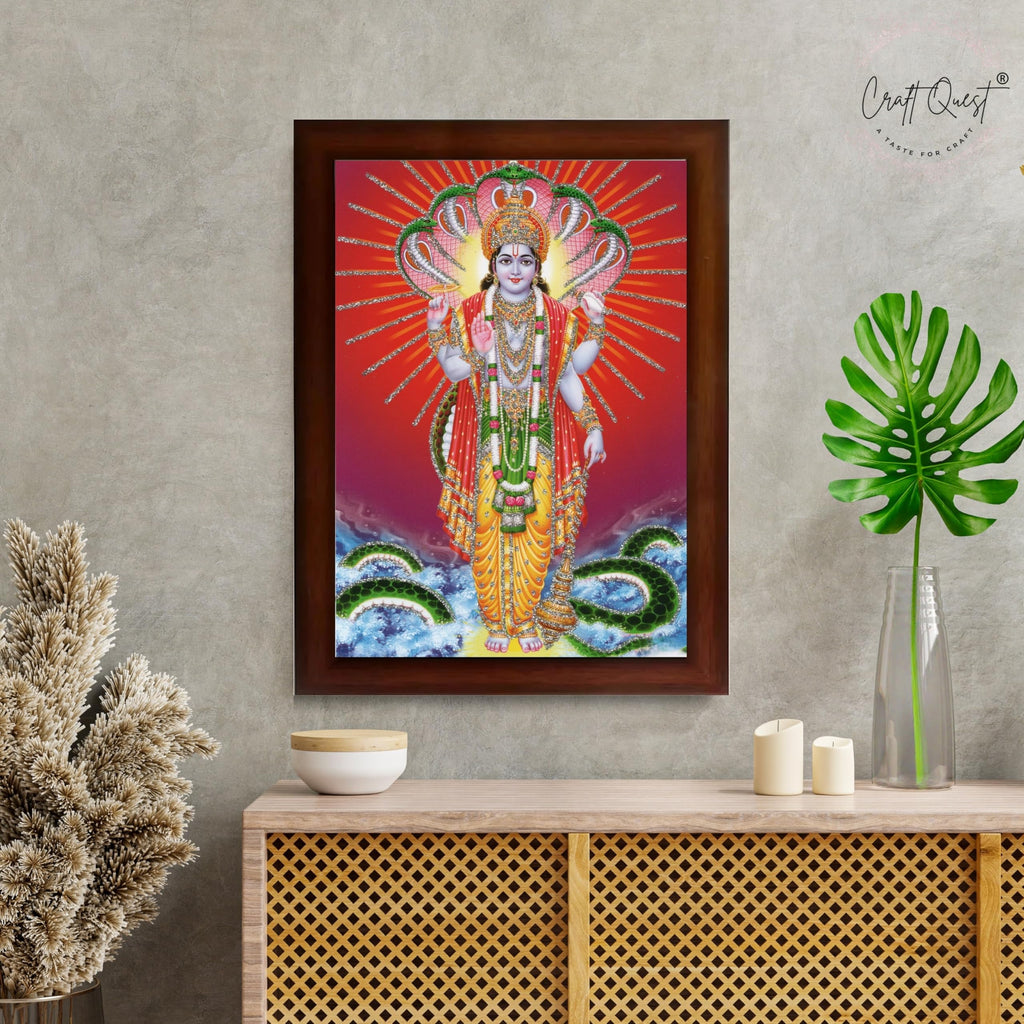 CRAFT QUEST Lord Vishnu Bhagwan Narayan Murti Mahavishnu Wall Painting Framed Home Décor, Religious Photo Frame