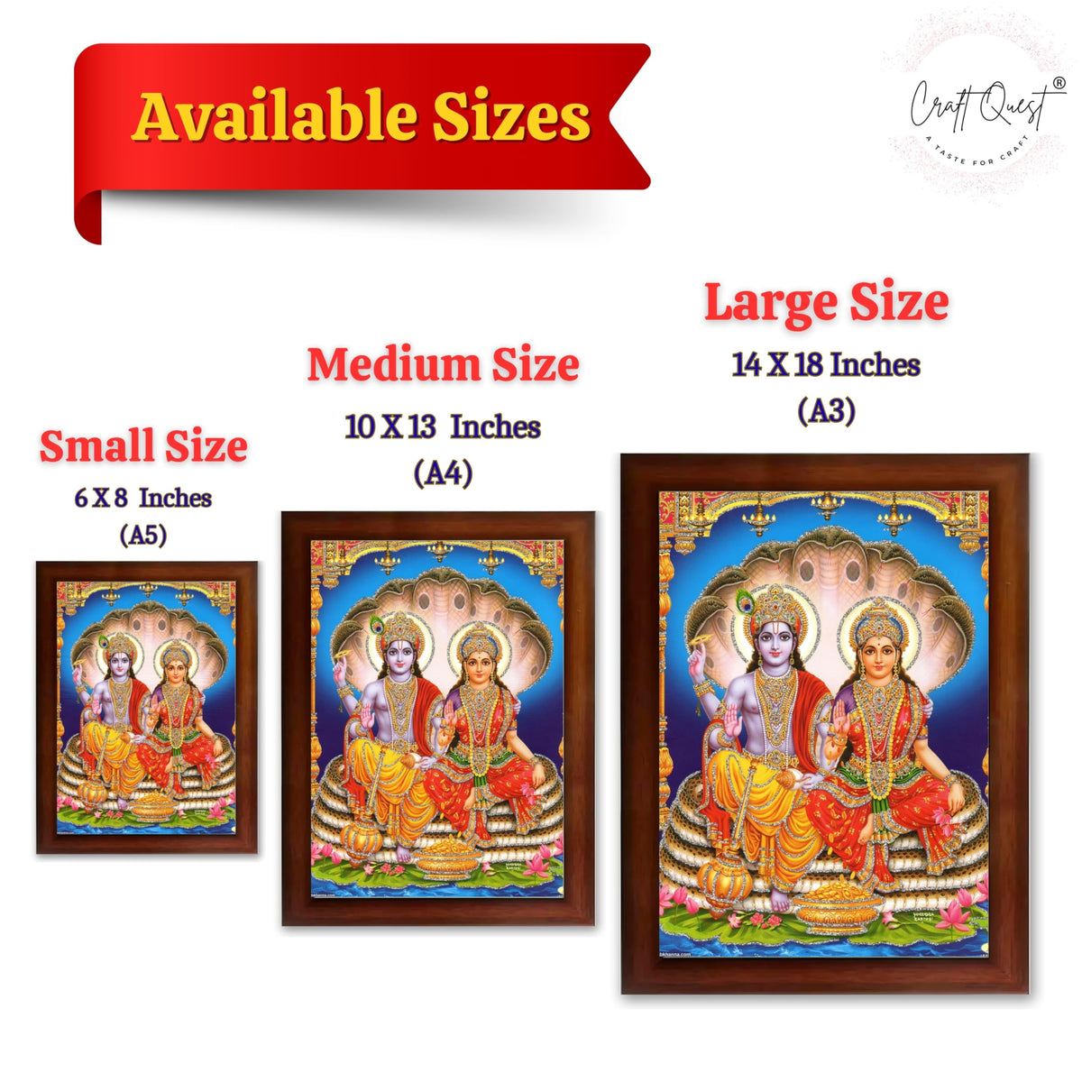 CRAFT QUEST Lord Vishnu and Goddess Lakshmi Giving Blessing on Shesh naag Glitter Painting with Golden Synthetic Frame