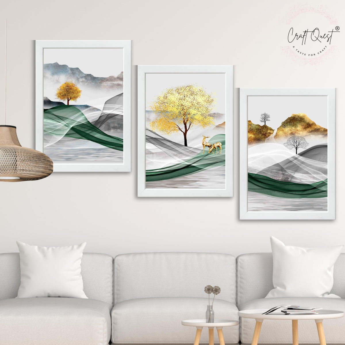 CRAFT QUEST Modern Art Landscapes Abstract Of Moose Golden Mural Wall Art | Set of 3 Frames for Home Decoration | Ideal for Living Room, Bedroom & Offices
