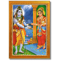 CRAFT QUEST Shiva & Maa Annapurna devi sitting on throne photo frame with Laminated Poster for Kitchen Worship