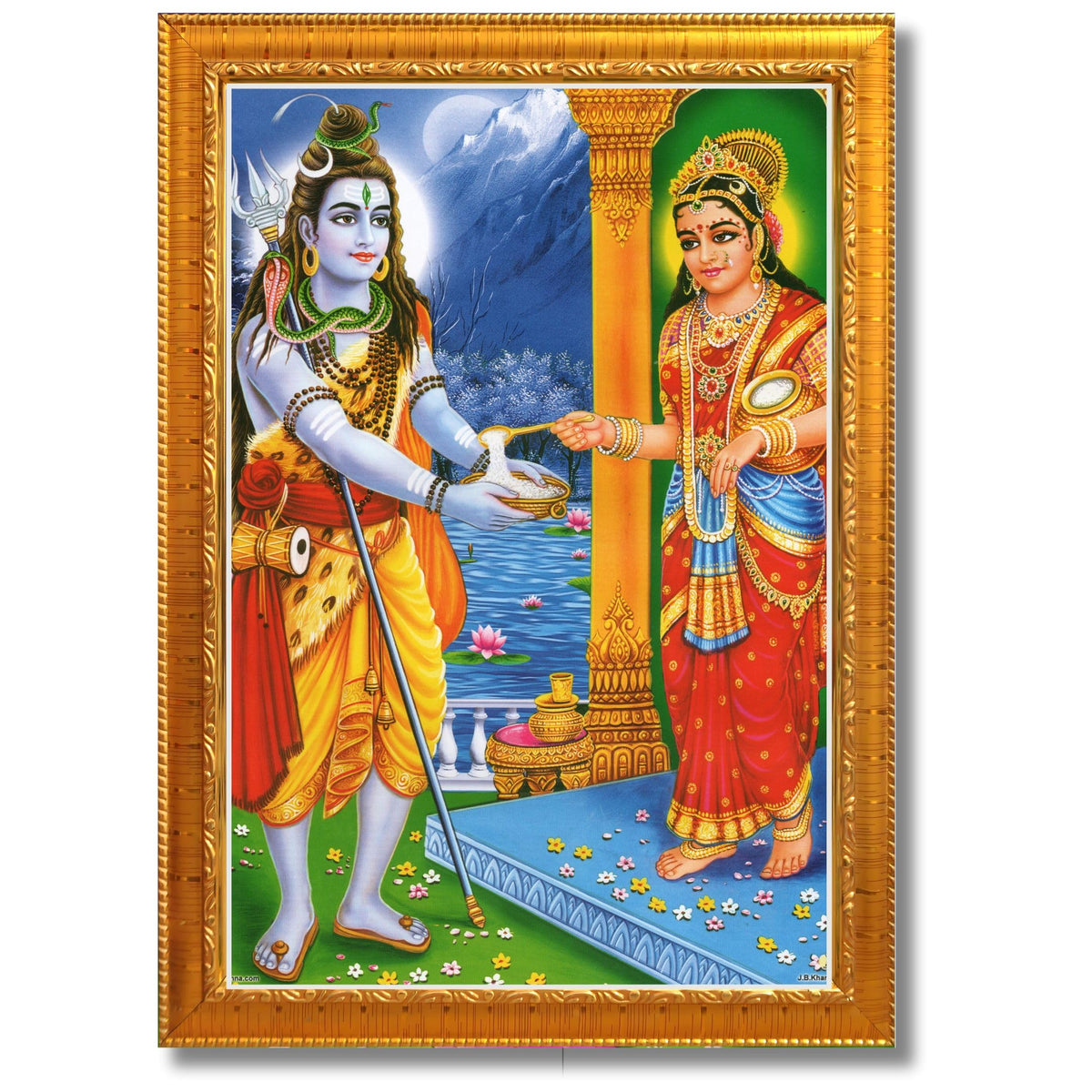 CRAFT QUEST Shiva & Maa Annapurna devi sitting on throne photo frame with Laminated Poster for Kitchen Worship