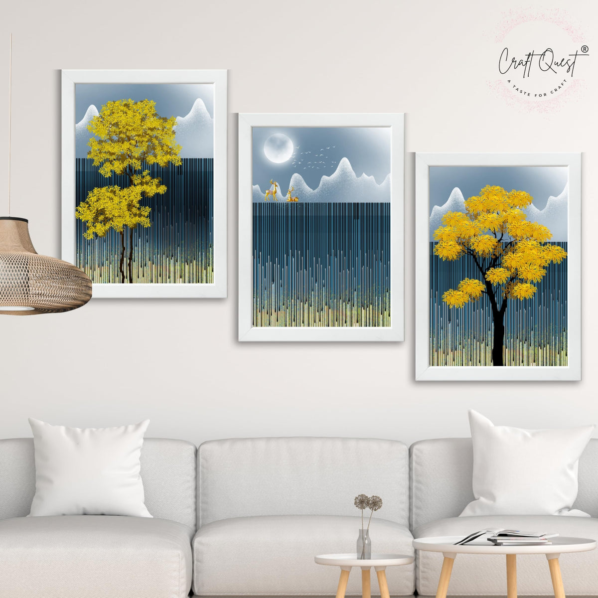 CRAFT QUEST Modern Abstract Blue Landscape Art | Set of 3 Frames for Home Decoration | Ideal for Living Room, Bedroom & Offices