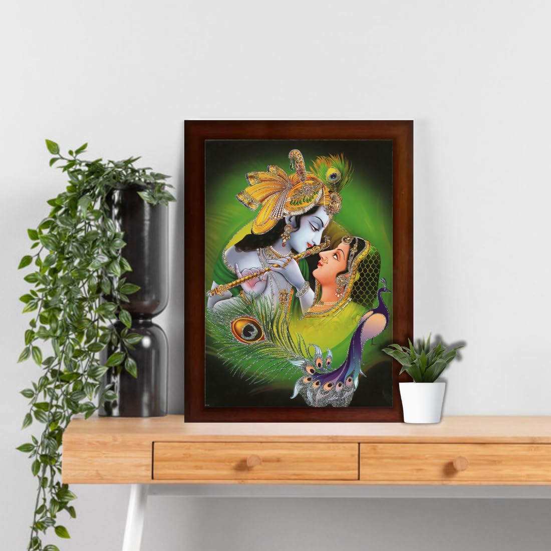 CRAFT QUEST Radha Krishna Sparkle Coated Home Decorative Gift Item Framed Painting (10 X 14 Inches, Brown) RK1013-118