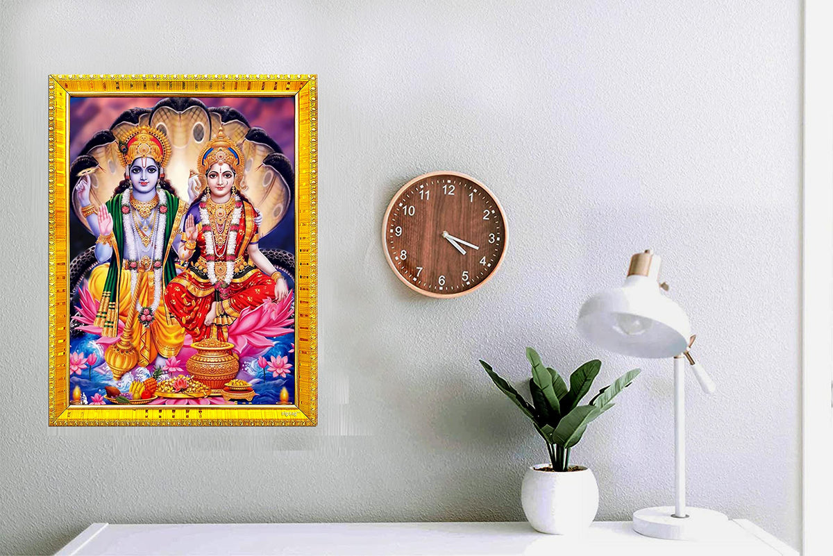 zig zag Lord Lakshmi Narayan/Lord Vishnu With Lakshmi Mata Rectangular Photo Frame For Wall/Table/Pooja Room (7x9 inches, Acrylic Glass) Golden