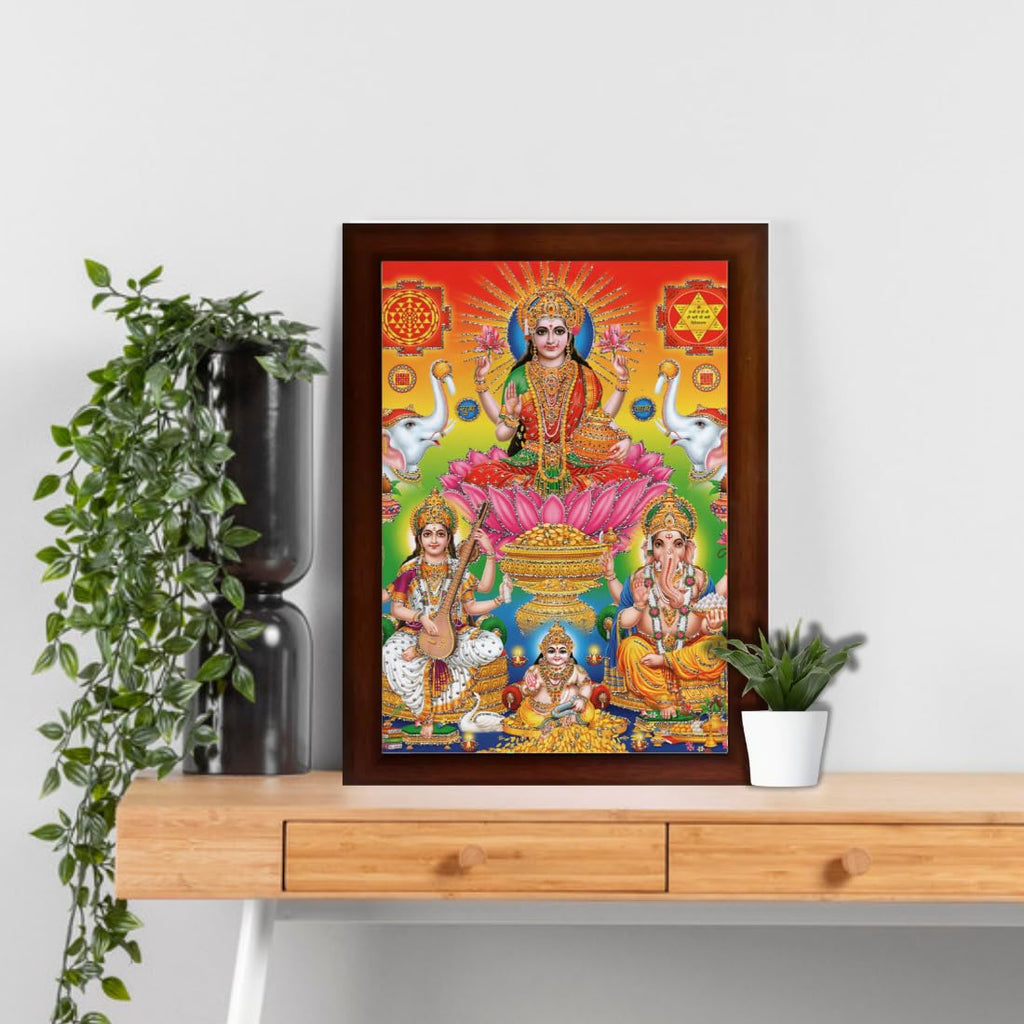 Craft Quest Goddess Lakshmi Devi with ganesh ji and saraswati maa Wall Painting Frame Home Decor (Synthetic, Matte Finish, Brown, Large Size, 14 X 10 Inch)