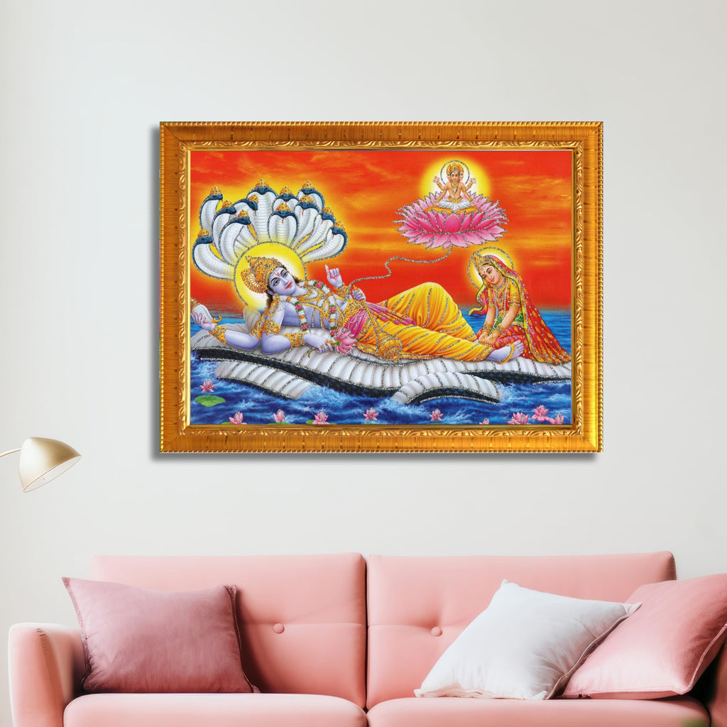 CRAFT QUEST Lord Vishnu and Goddess Lakshmi Giving Blessing on Shesh naag, landscape Glitter Work Painting Synthetic Wood Frame