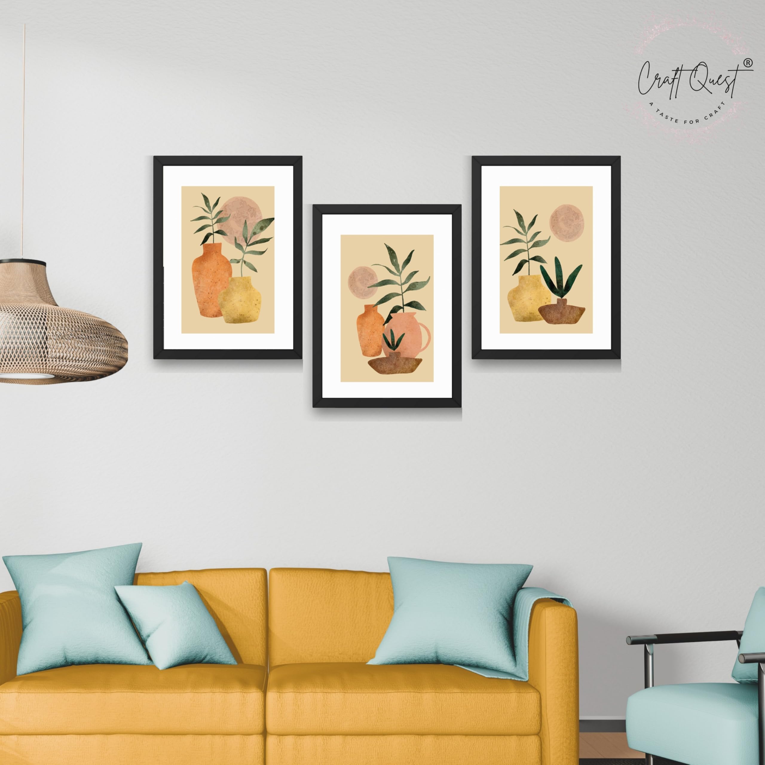 CRAFT QUEST Wall Art Decor Paintings | Set of 3 BOHO Wall Art Frames for Home Decoration | Ideal for Living Room, Bedroom & Office