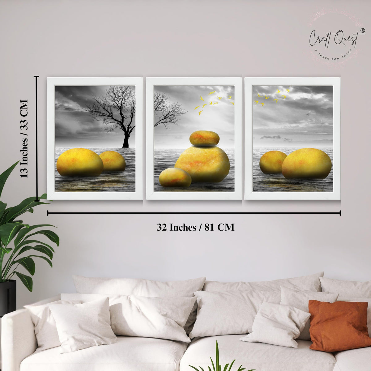 CRAFT QUEST Modern Abstract Golden Stone Art | Set of 3 Frames for Home Decoration | Ideal for Living Room, Bedroom & Offices