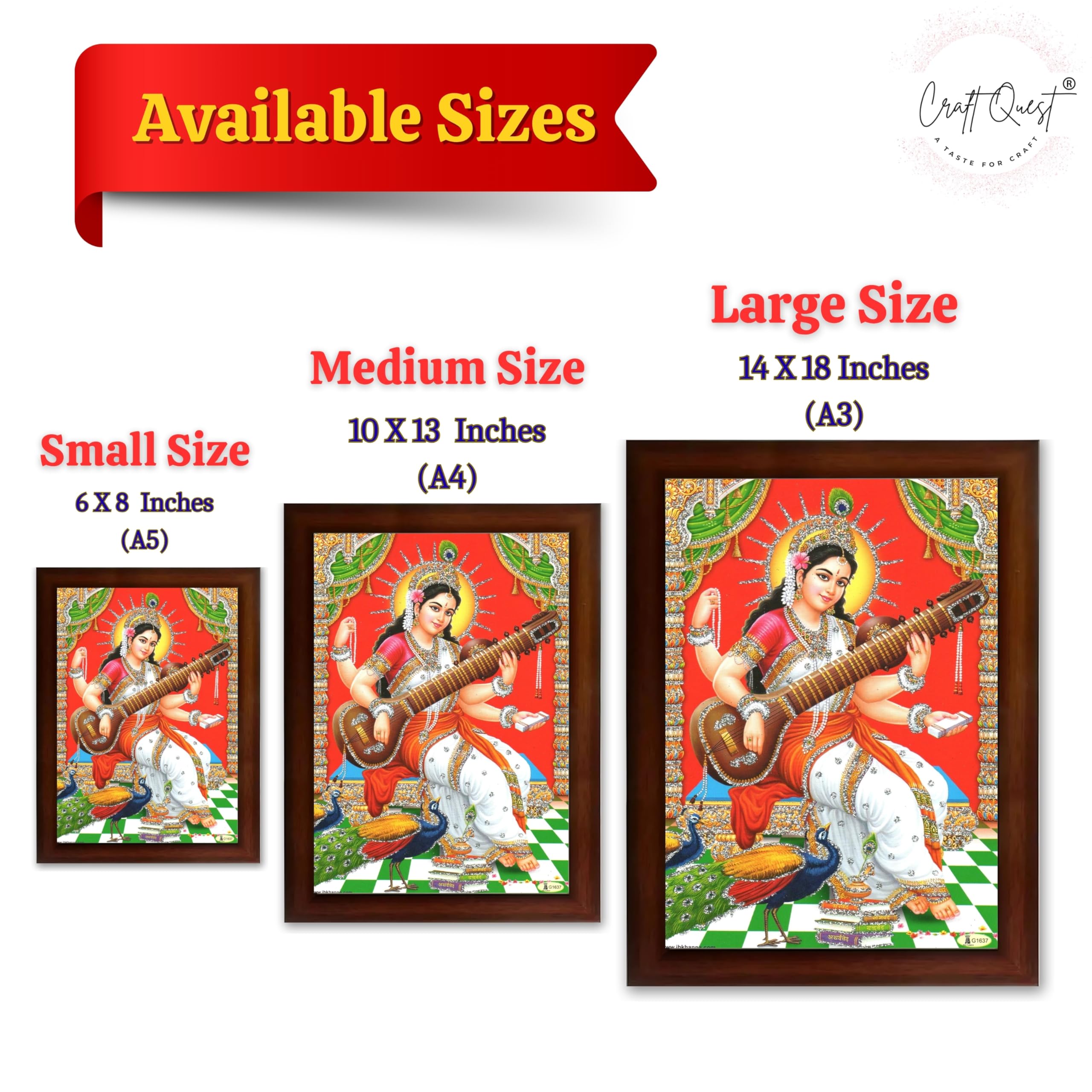 CRAFT QUEST Saraswati Devi Goddess Saraswati Maa Wall Painting Framed Home Decor wooden frame