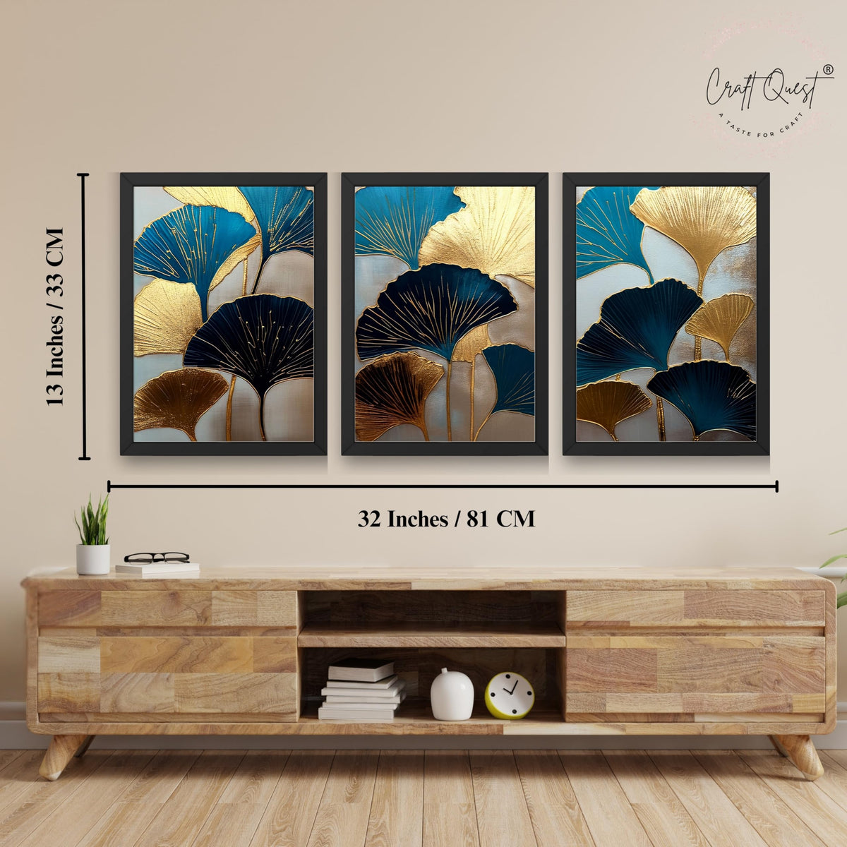 CRAFT QUEST Modern Art Abstract Aureate Geometry Wall Art | Set of 3 Frames for Home Decoration | Ideal for Living Room, Bedroom & Offices