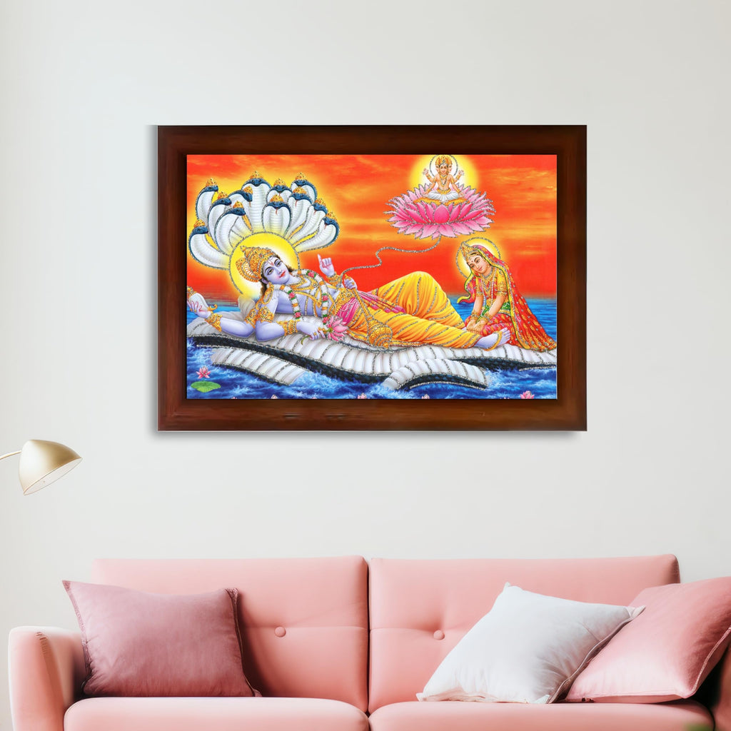 CRAFT QUEST Lord Vishnu and Goddess Lakshmi Giving Blessing on Shesh naag, landscape Glitter Work Painting Synthetic Wood Frame