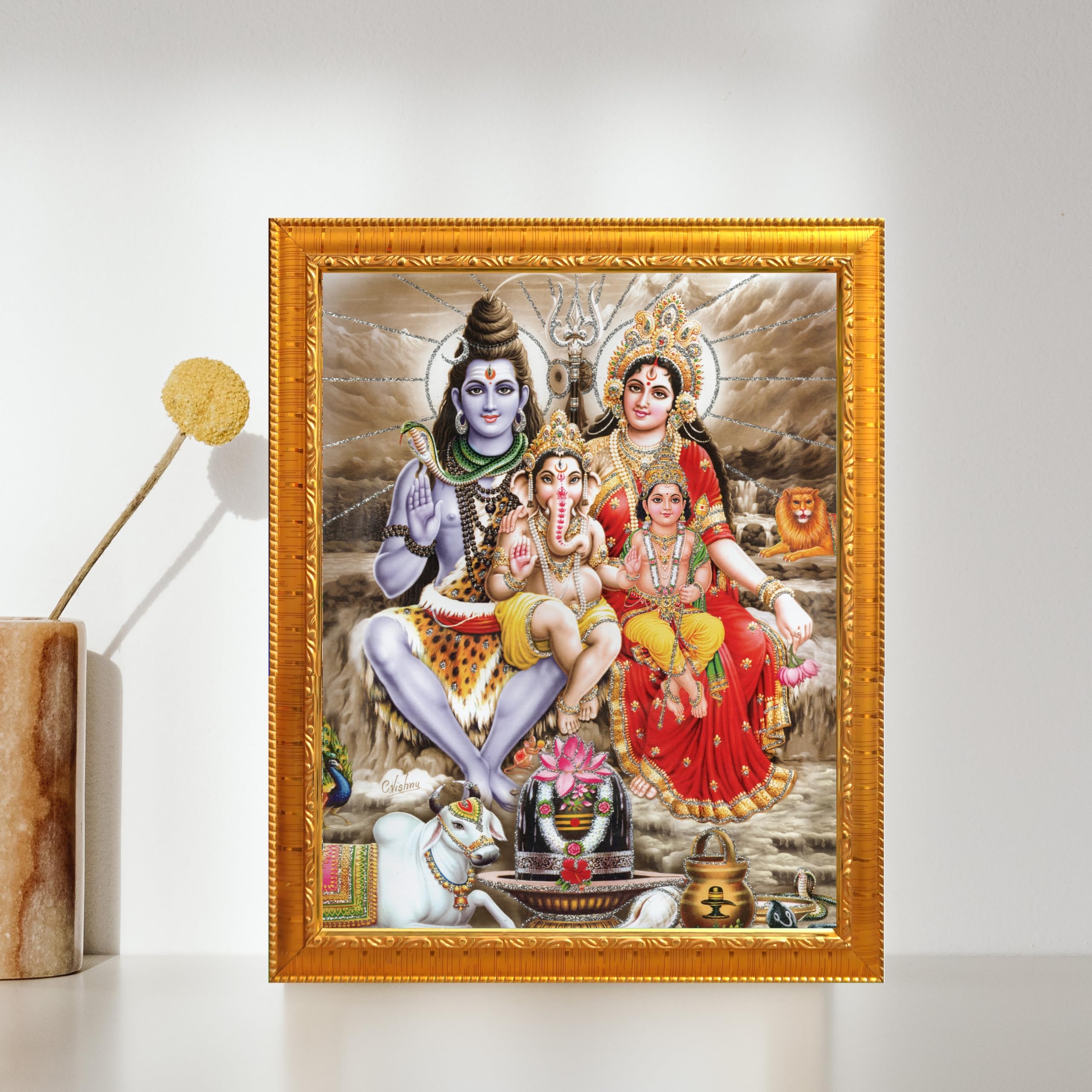 CRAFT QUEST Shiv Parivar Religious Wood Photo Frame with Acrylic glass (Photoframe,Golden, 7 X 9 inch)