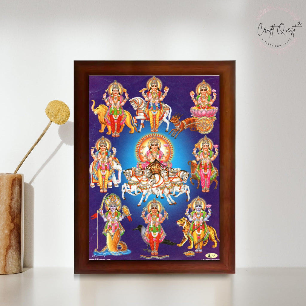 CRAFT QUEST Lord Surya Dev Bhagavan Bhagwan with 7 Horses Wall Painting | Hindu God Spiritual Framed | Ideal for Home, Office, Temple & Puja Room, Wall Decor