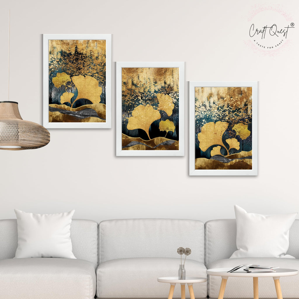 CRAFT QUEST Modern Art Of Ginko Leaves With Golden Mountains Wall Art | Set of 3 Frames for Home Decoration | Ideal for Living Room, Bedroom & Offices