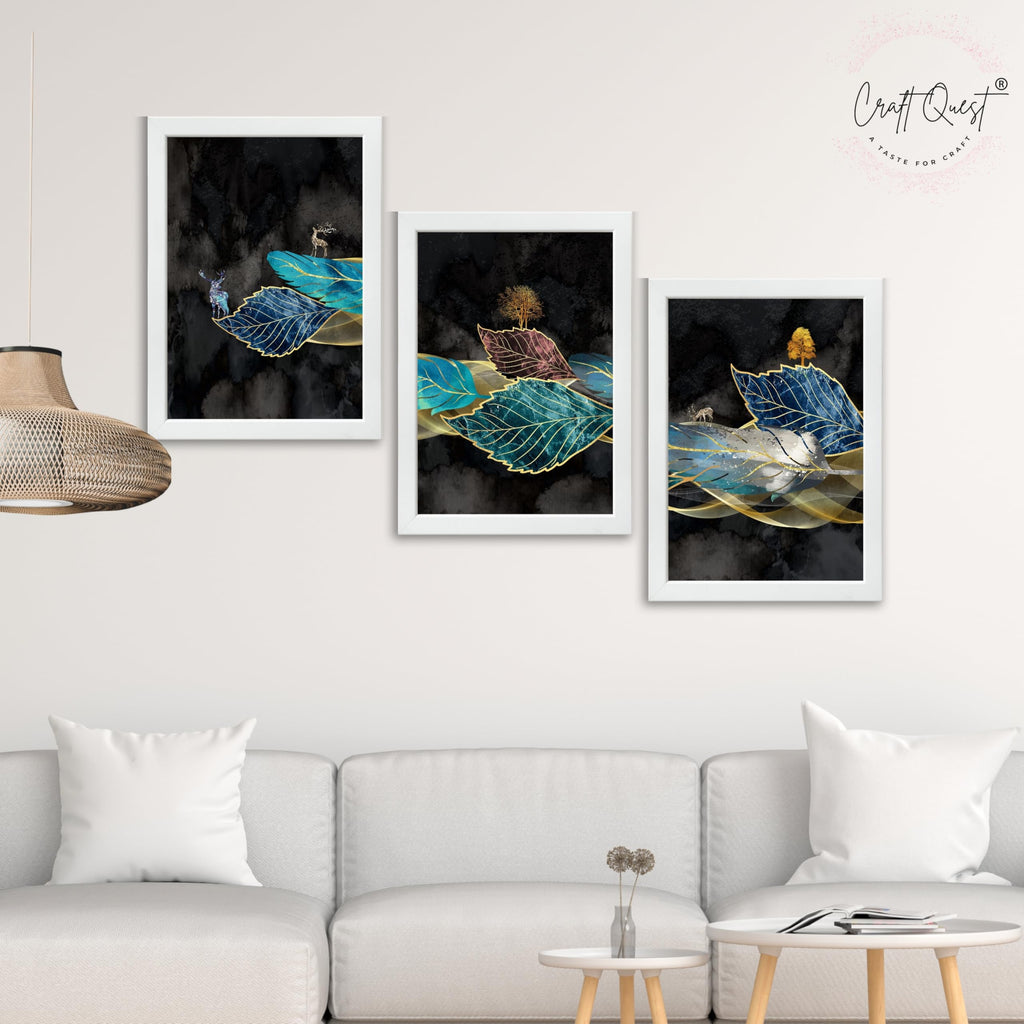 CRAFT QUEST Modern Art Blue,Turquoise & Red Leaves Wall Art | Set of 3 Frames for Home Decoration | Ideal for Living Room, Bedroom & Offices