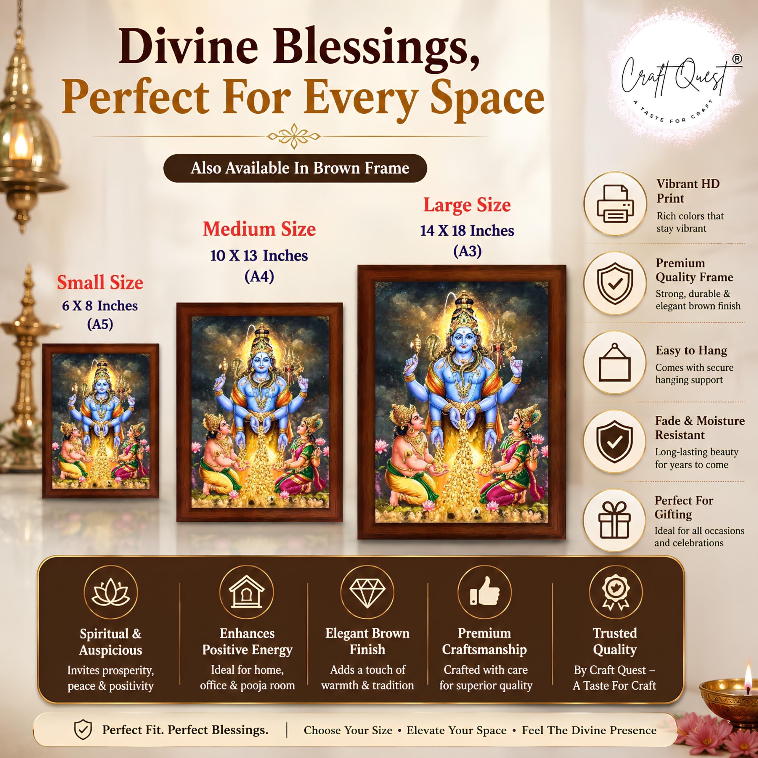 CRAFT QUEST Lord Swarnakarshana Bhairava Swamy With Lakshmi Devi and Kuber Bhagwan Religious Wall Photo Frame |Dhan Bhairav Frame for Home, Office, Temple & Gifting