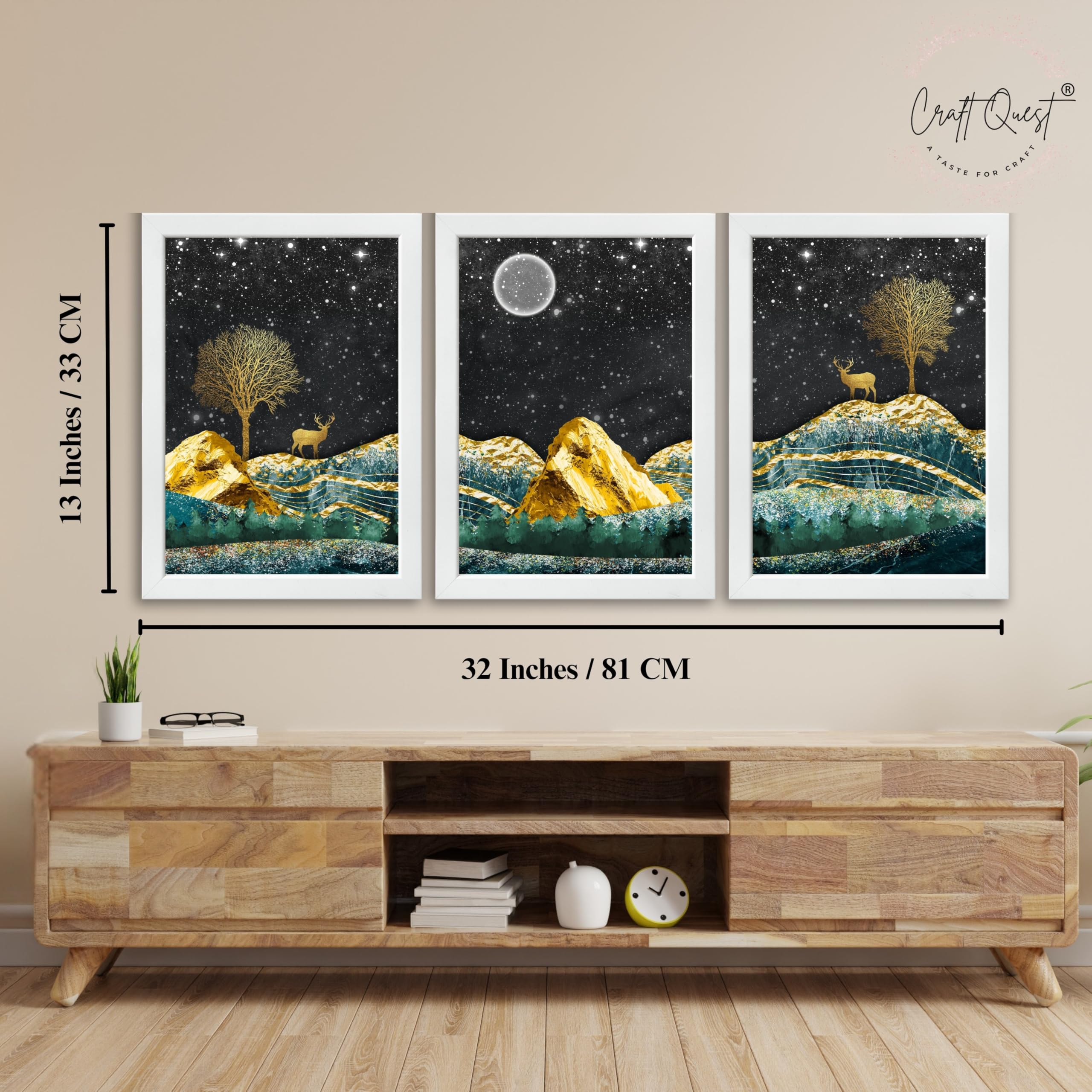 CRAFT QUEST Modern Art Landscape With Turquoise Mountains & Golden Trees Wall Art | Set of 3 Frames for Home Decoration | Ideal for Living Room, Bedroom & Offices