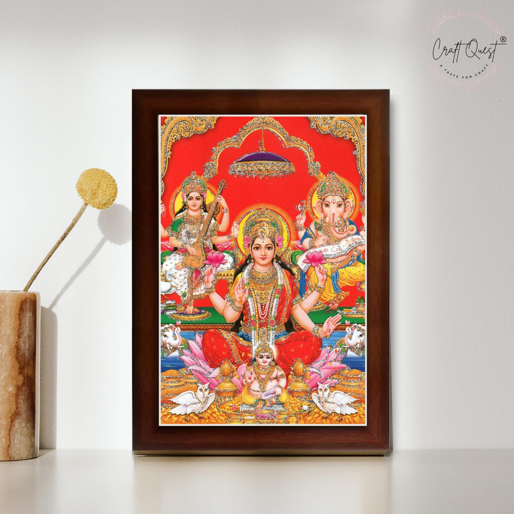 CRAFT QUEST Lord Laxmi Ganesh Saraswati Religious God Hindu Photo Frame for Diwali,Wall, Office, Temple, Pooja, Living Room Home and Decor Item