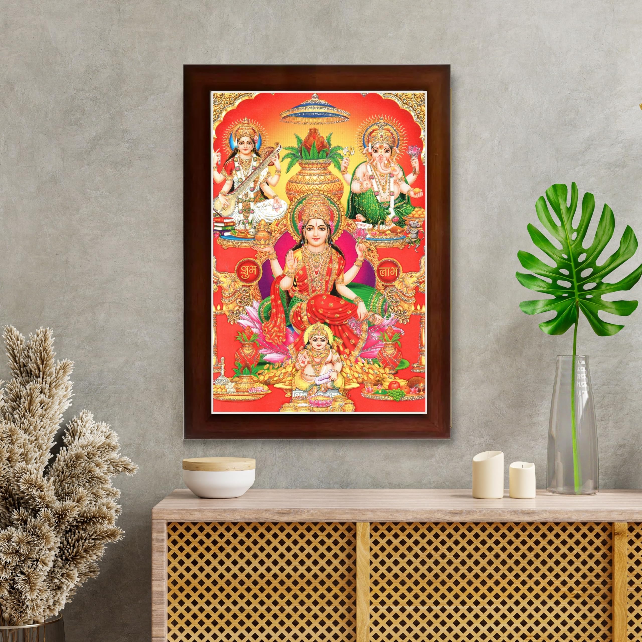 CRAFT QUEST Lakshmi Devi Ganesha Saraswati Ganesh Hanging Wall Painting Framed Home Decor Hindu Bhagwan Devi Devta Photo Frame