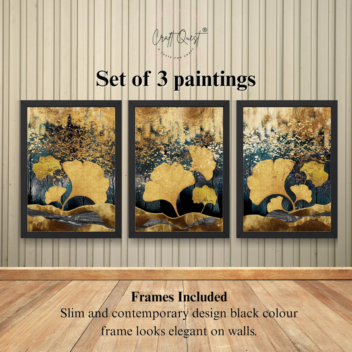 CRAFT QUEST Modern Art Of Ginko Leaves With Golden Mountains Wall Art | Set of 3 Frames for Home Decoration | Ideal for Living Room, Bedroom & Offices