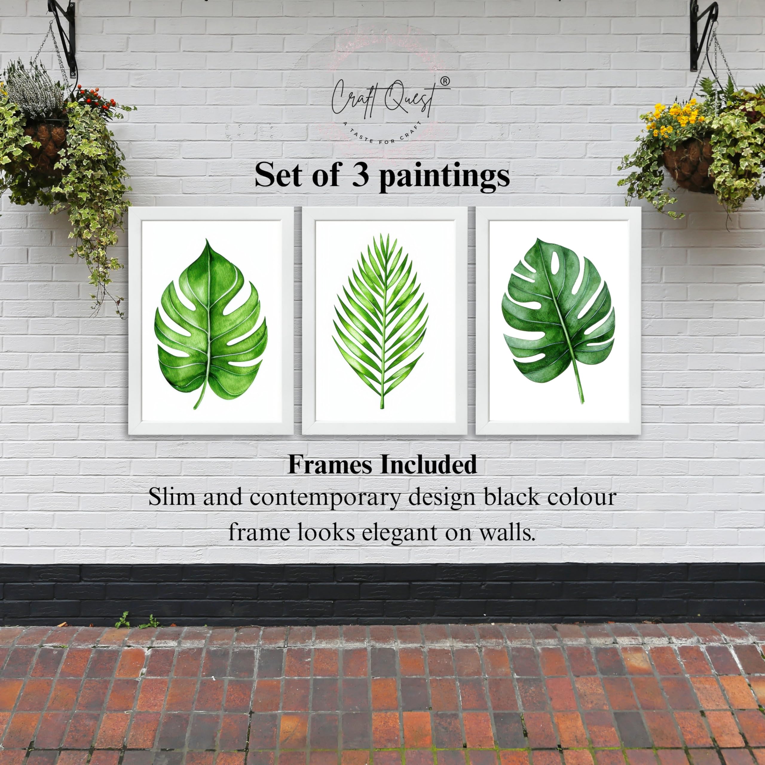 CRAFT QUEST Nature Inspired Exotic Leaves Modern Wall Art | Set of 3 Frames for Home Decoration | Ideal for Living Room, Bedroom & Offices