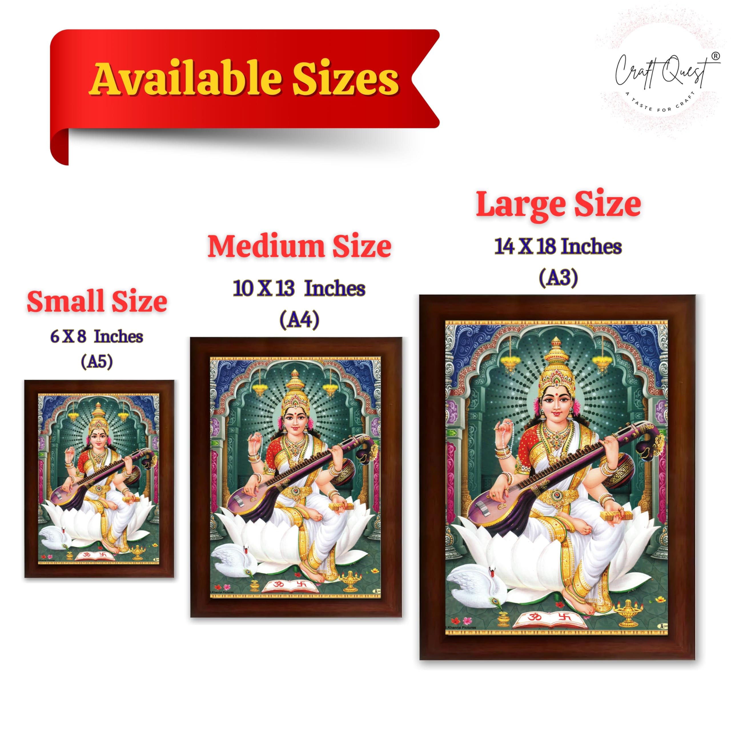 CRAFT QUEST Saraswati Devi Goddess Saraswathi Maa Wall Painting Sparkle Coated Framed Home Décor Synthetic wood