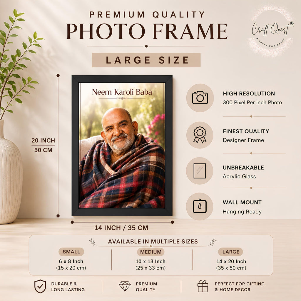 CRAFT QUEST Neem Karoli Baba Maharaj Ji Smiling Portrait Photo Frame for Wall | Spiritual Guru Religious Wall Art | Devotional Photo for Home, Mandir, Puja Room & Gifting
