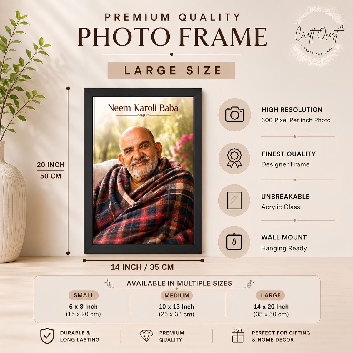 CRAFT QUEST Neem Karoli Baba Maharaj Ji Smiling Portrait Photo Frame for Wall | Spiritual Guru Religious Wall Art | Devotional Photo for Home, Mandir, Puja Room & Gifting